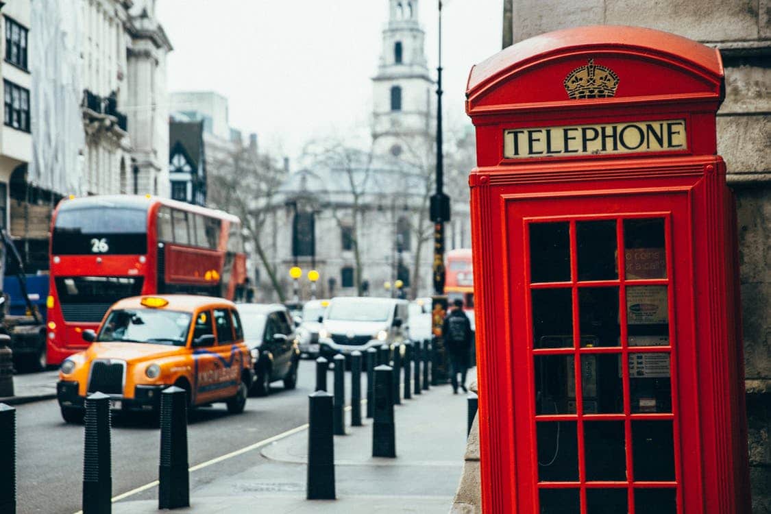 red telephone box and red bus on London street